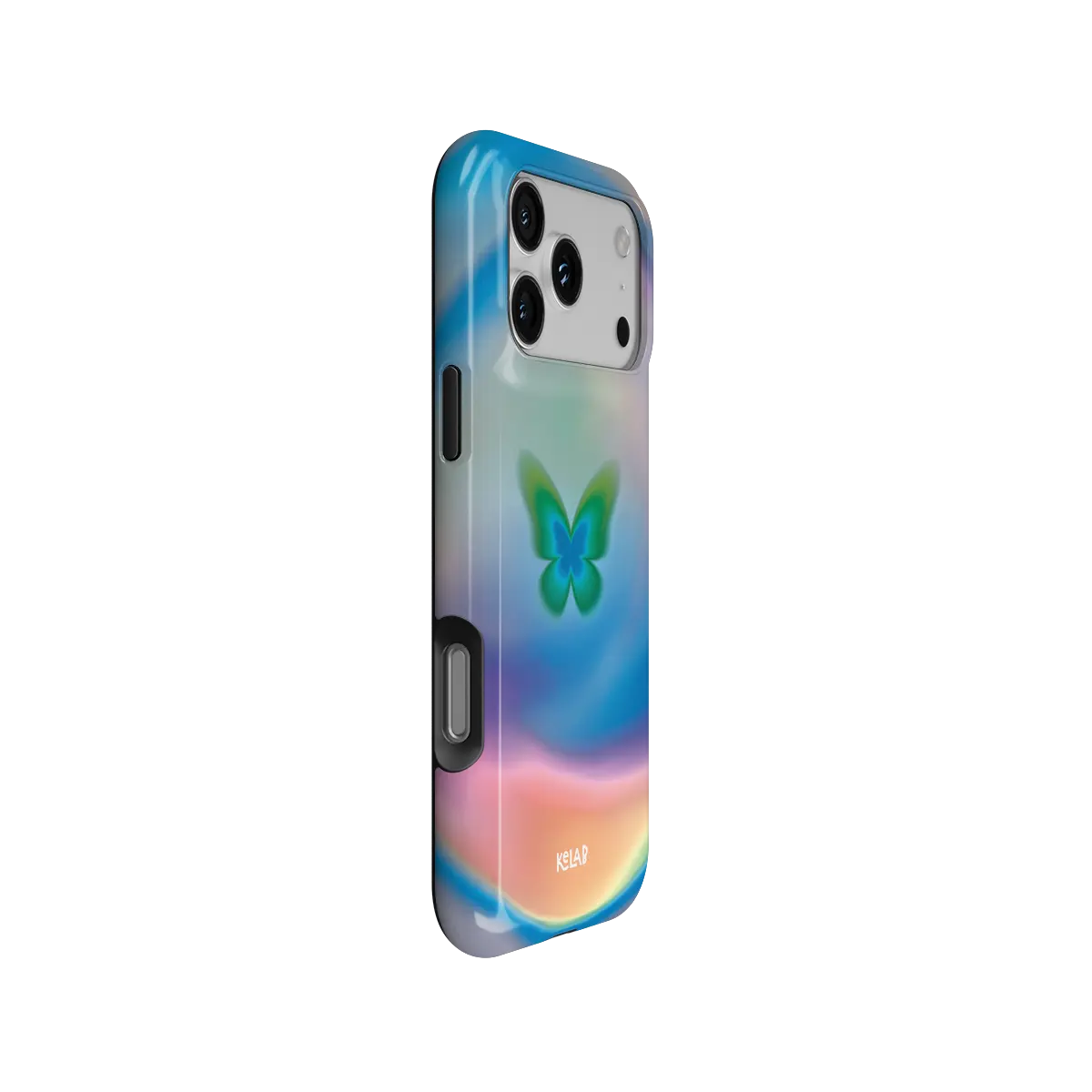Celestial Wings gradient butterfly Tough iPhone case, side view showing the pattern wrapped around the shell.