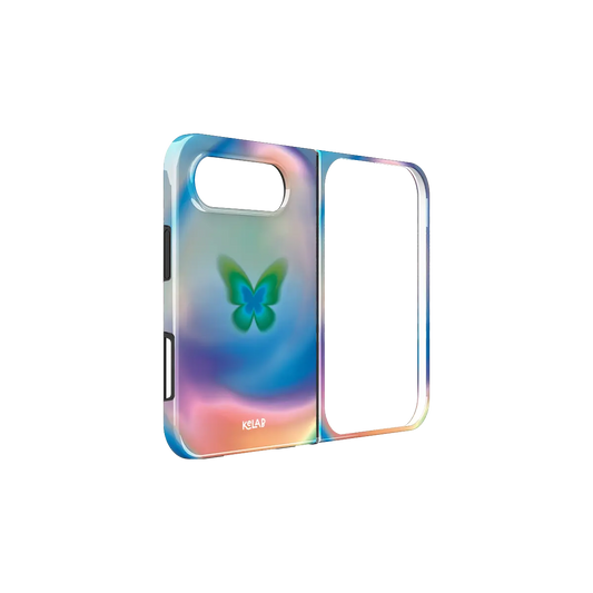 Gradient Butterfly, Dreamy Aura iPhone 18 Fold Case, unfolded side view showing the hinge