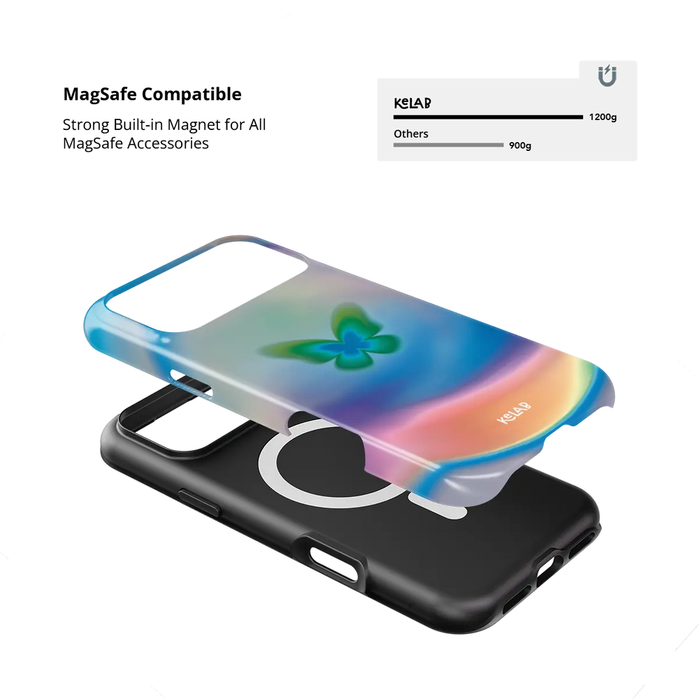 Celestial Wings gradient butterfly Tough iPhone case with built-in strong MagSafe magnets.