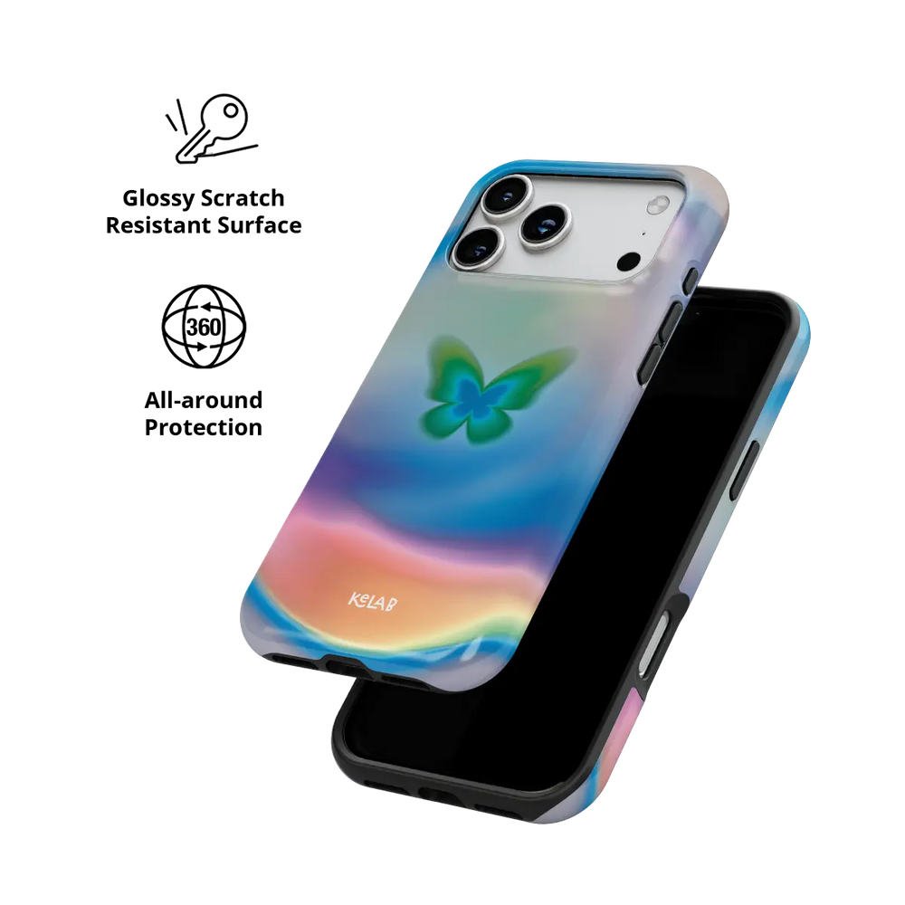 Celestial Wings gradient butterfly Tough iPhone case with glossy, scratch resistant all-around protection.