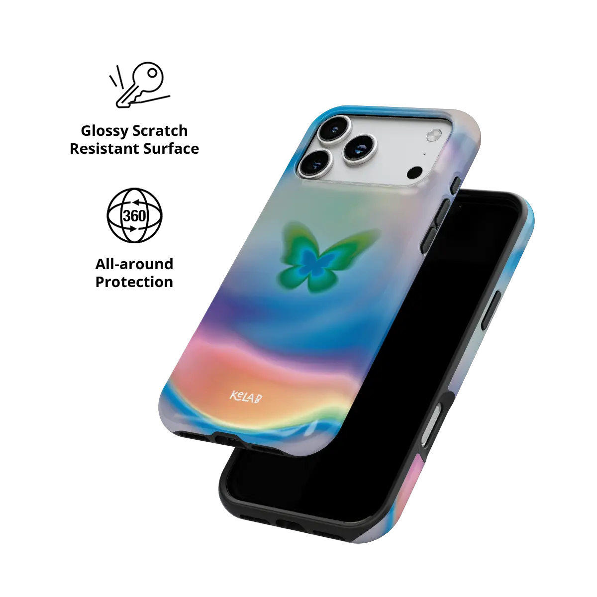 Celestial Wings gradient butterfly Tough iPhone case with glossy, scratch resistant all-around protection.