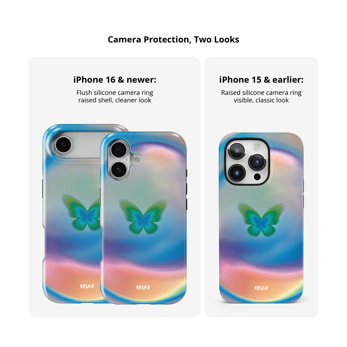 Celestial Wings gradient butterfly Tough iPhone case size comparison across iPhone 15 to 18 models.