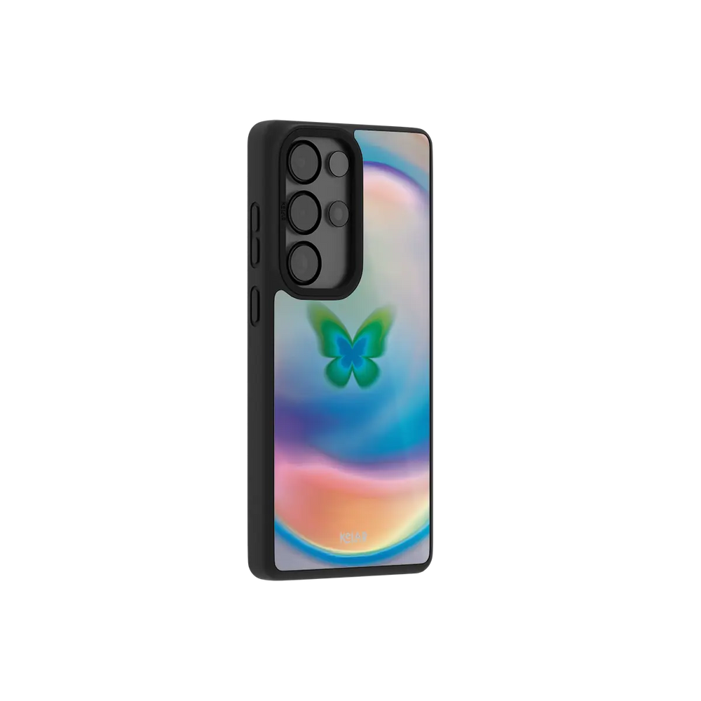 Samsung Galaxy phone case in black with a colorful butterfly design on a smooth surface