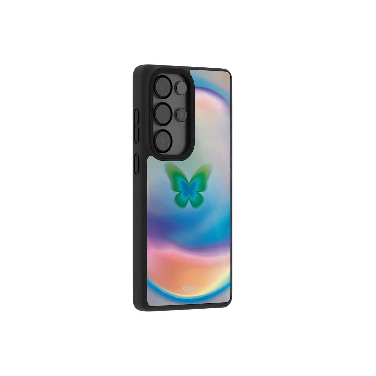 Samsung Galaxy phone case in black with a colorful butterfly design on a smooth surface