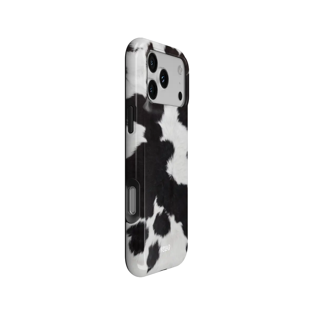 KELAB iphone case with cow print animal pattern, glossy polycarbonate shell and raised camera lip