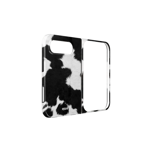 Black & White Cow Print, Western iPhone 18 Fold Case, unfolded side view showing the hinge