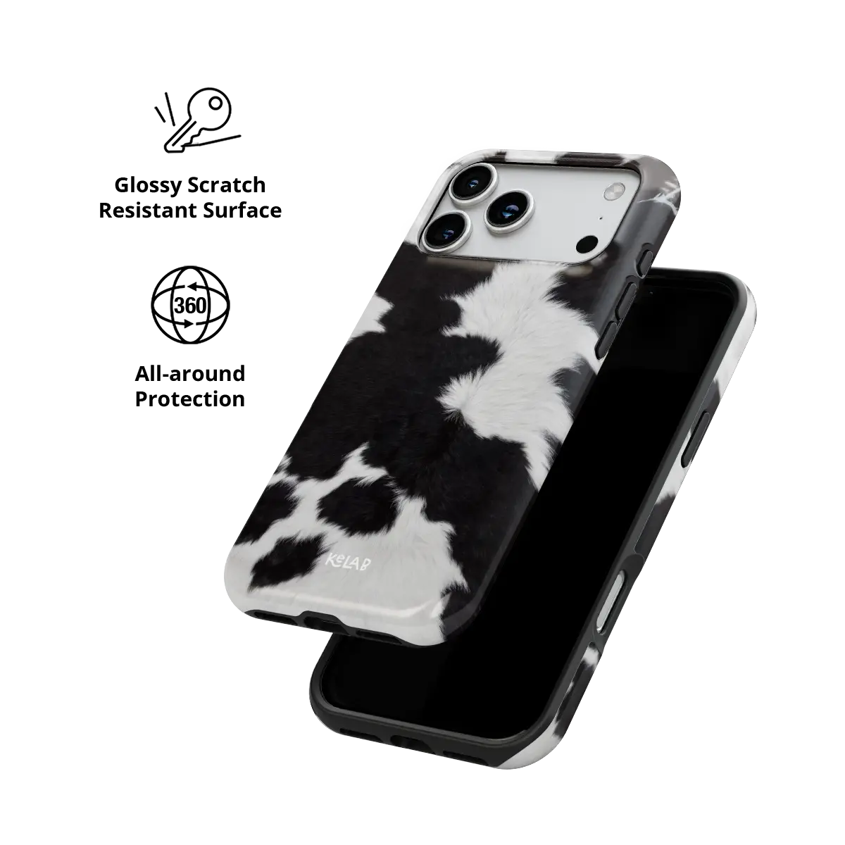 KELAB iphone case with cow print animal pattern glossy polycarbonate shell and raised lip protection
