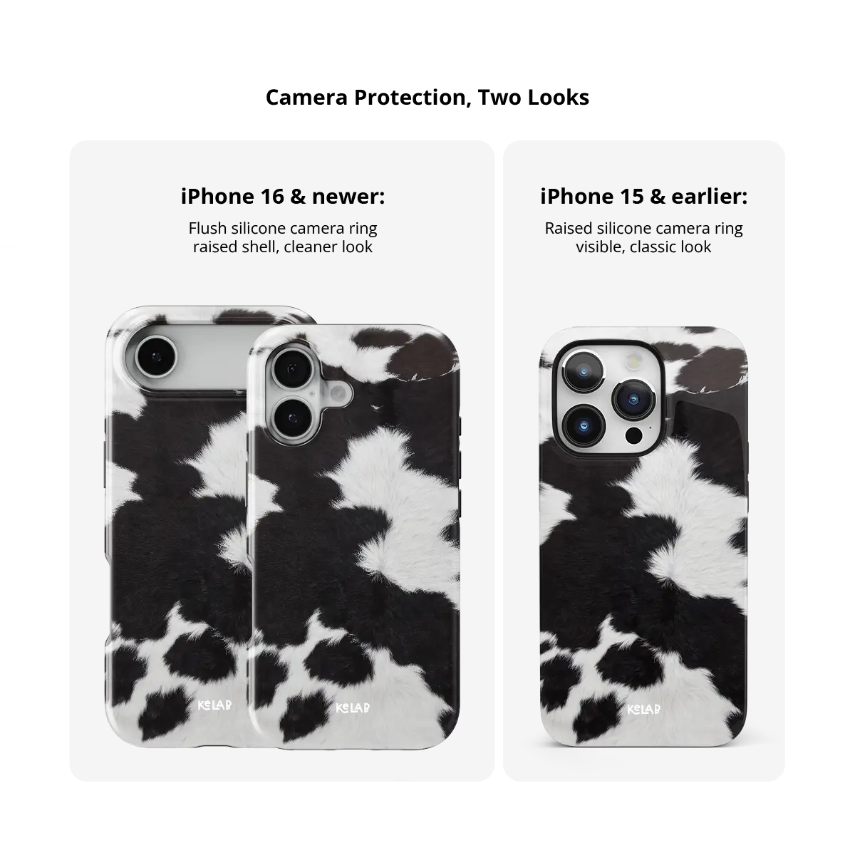 KELAB iphone case with cow print animal pattern, glossy printed polycarbonate shell and raised lip