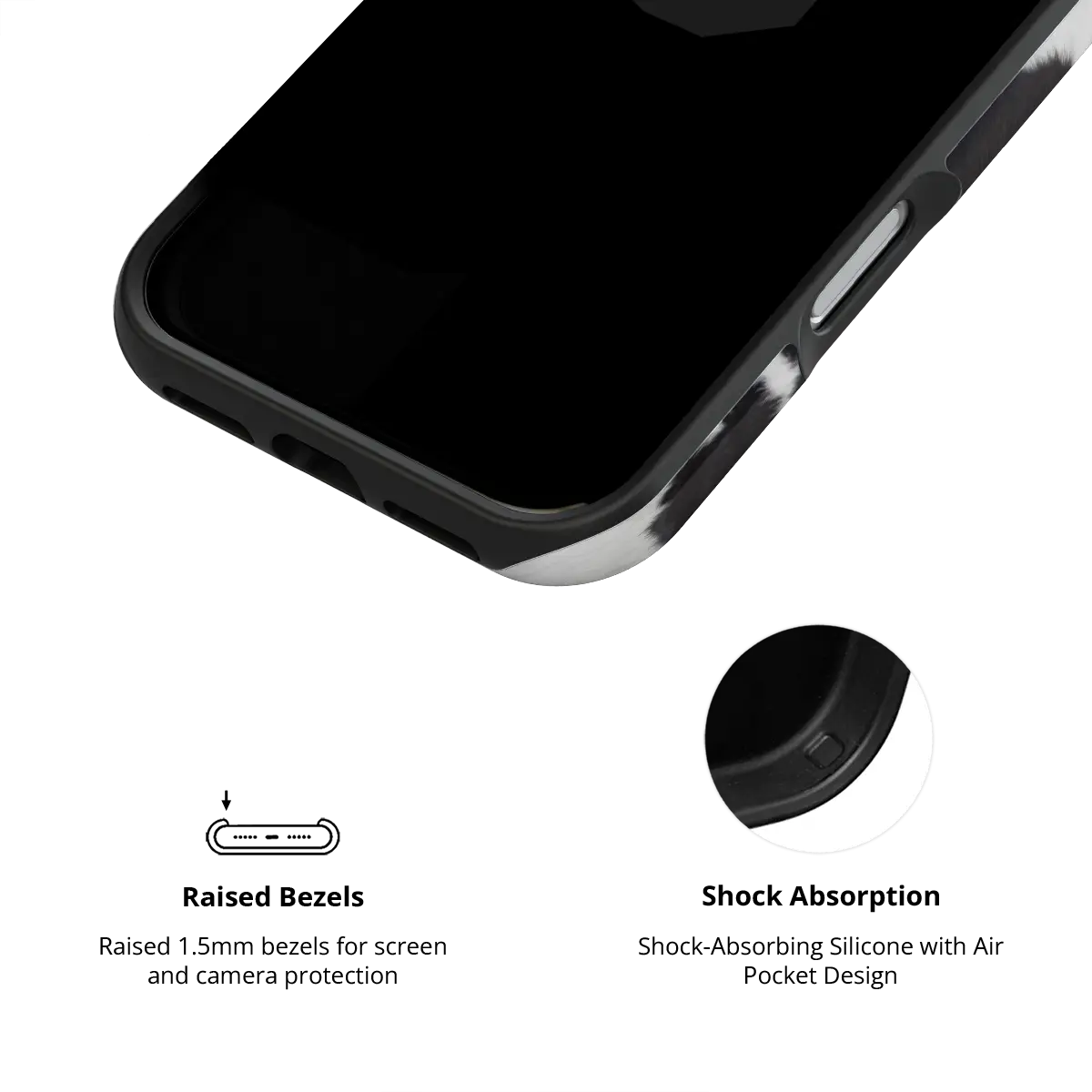 KELAB iphone case with cow print animal pattern, glossy black polycarbonate shell and raised lip