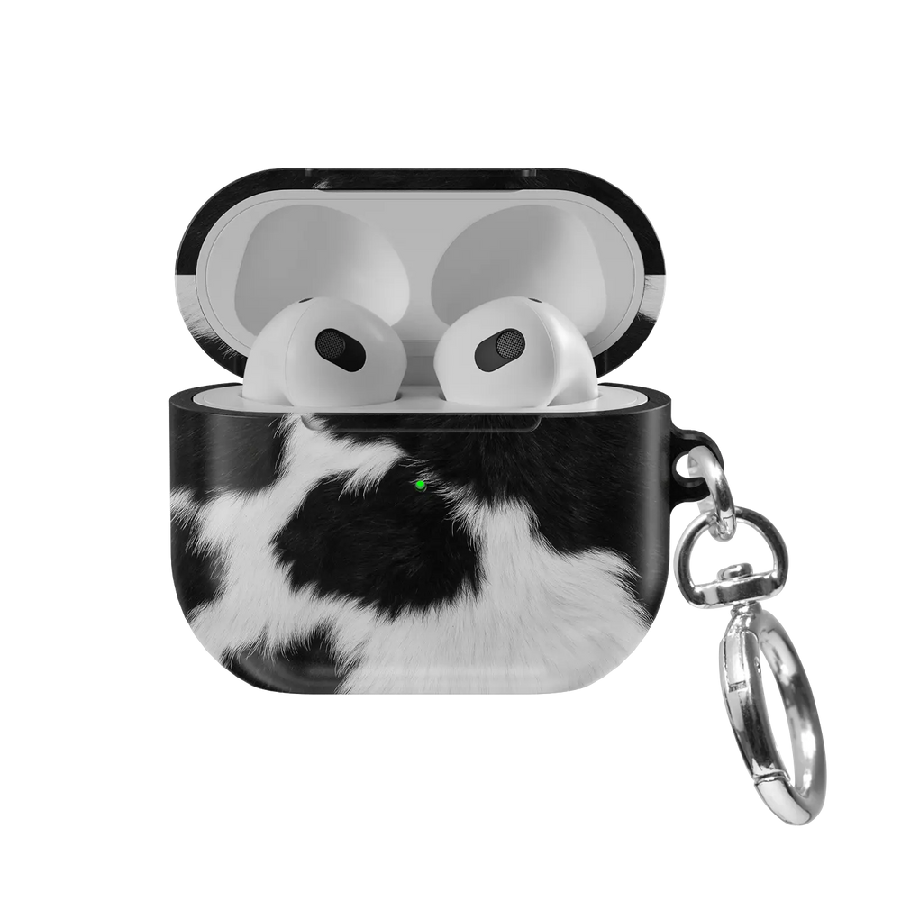 Cow Bell black and white cow print AirPods case, front view with open lid