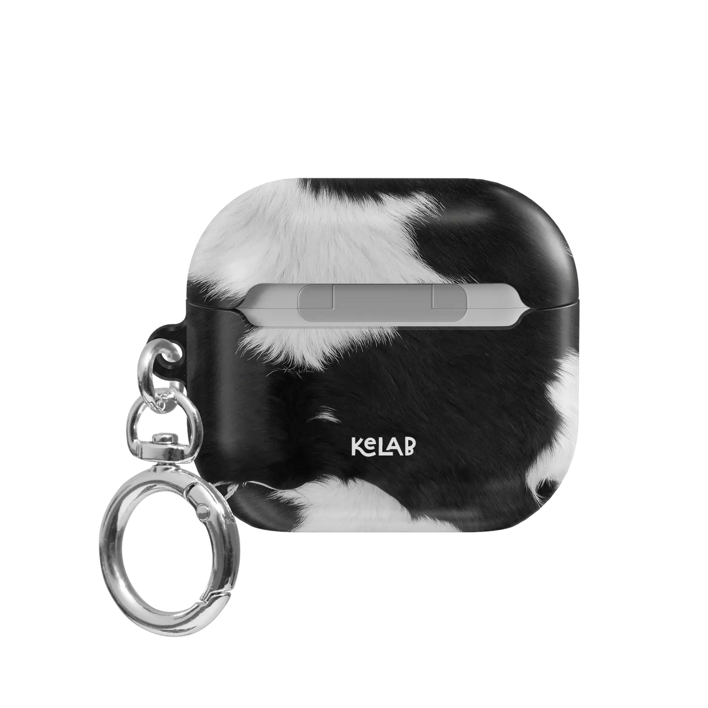 Cow Bell black and white cow print AirPods case, back view