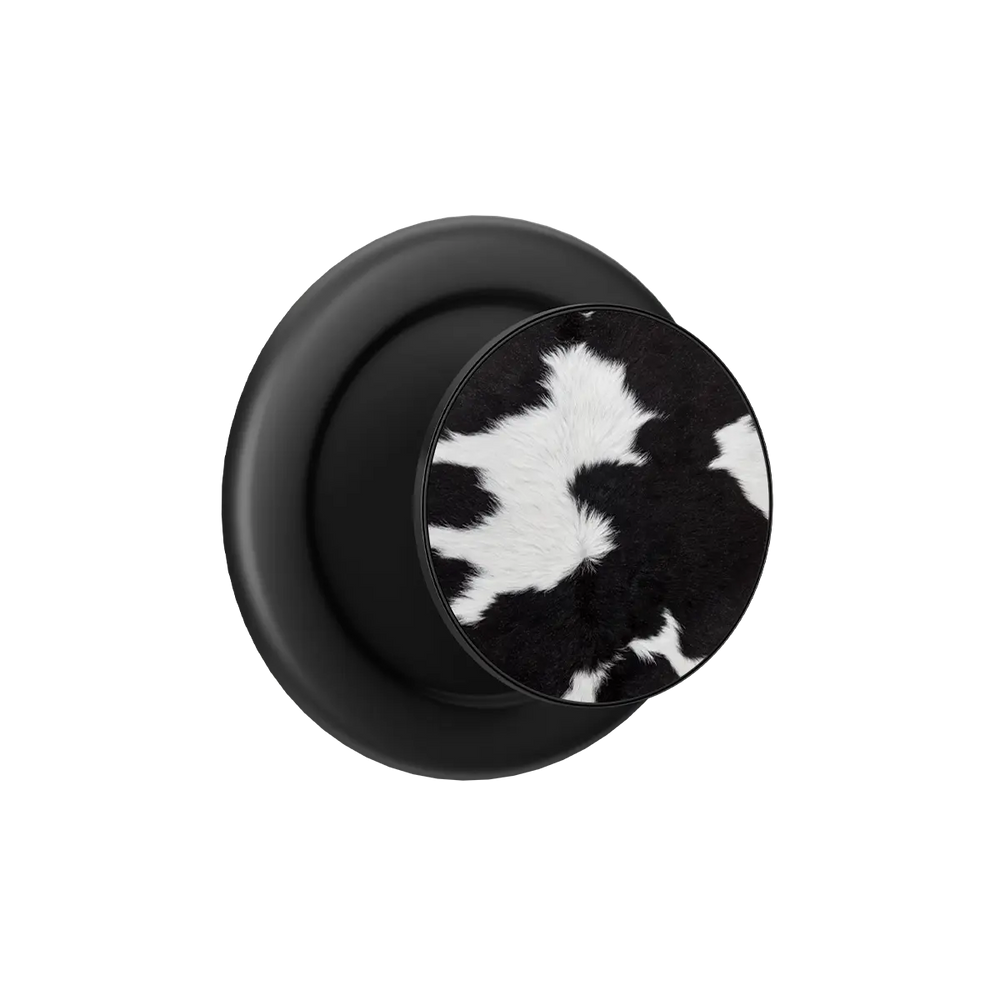 Black cow print MagSafe phone grip pop grip with built-in strong magnets and round base.