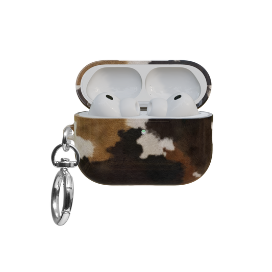 Brown & Black Cow Print airpods pro case front view with open lid and keychain
