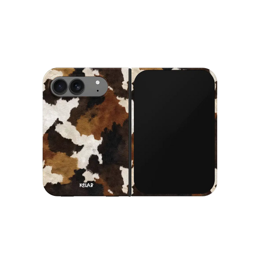 Brown Black Cow Print, Western iPhone 18 Fold Case, unfolded front view