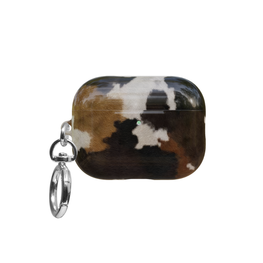 Brown & Black Cow Print airpods pro case front view with closed lid and keychain