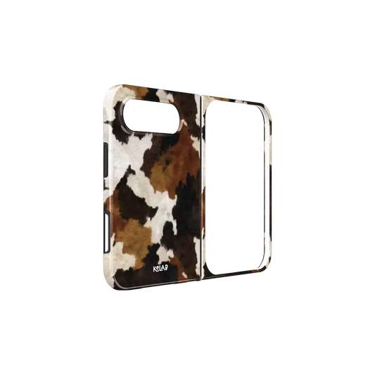 Brown Black Cow Print, Western iPhone 18 Fold Case, unfolded side view showing the hinge