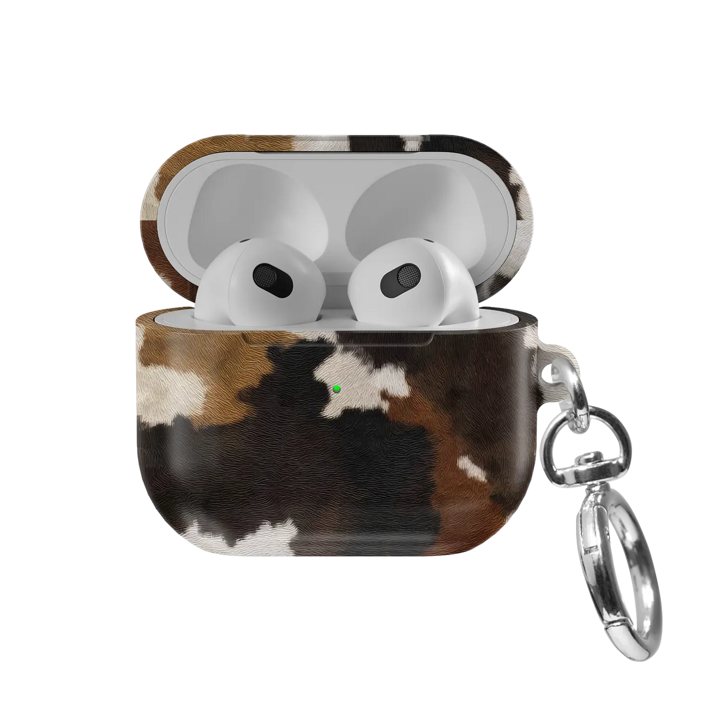 Cattle Drive | Brown & Black Cow Print AirPods Case - front view with open lid