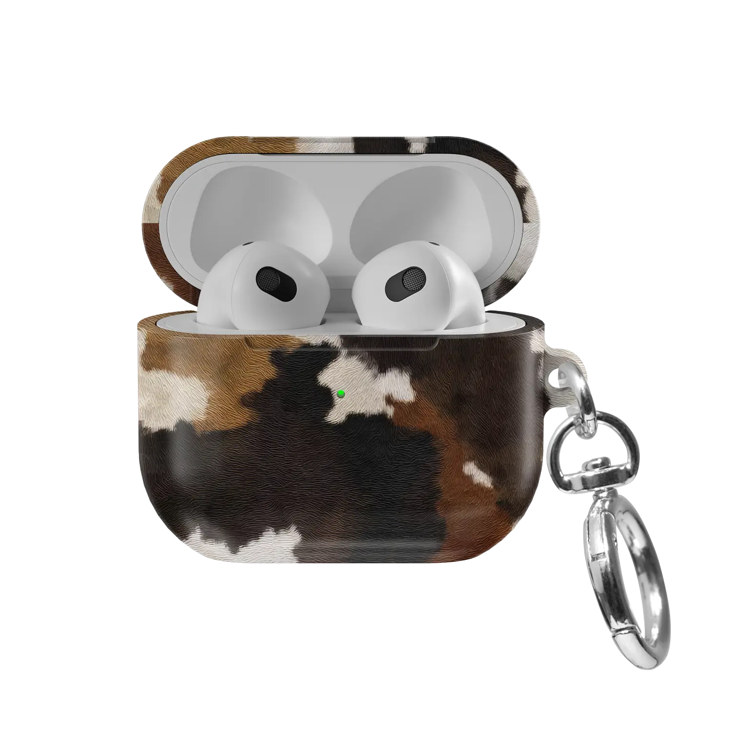 Cattle Drive | Brown & Black Cow Print AirPods Case - front view with open lid