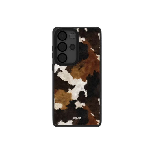 Samsung Galaxy phone case in classic brown and black cowhide pattern with a minimalist design