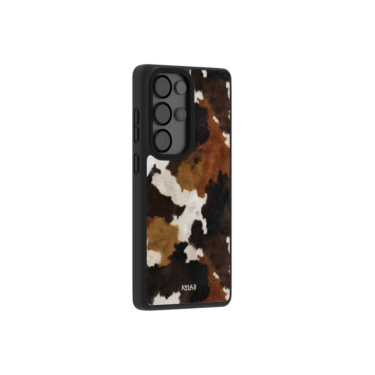 Samsung Galaxy phone case in a classic brown and black cowhide pattern with a minimalist design