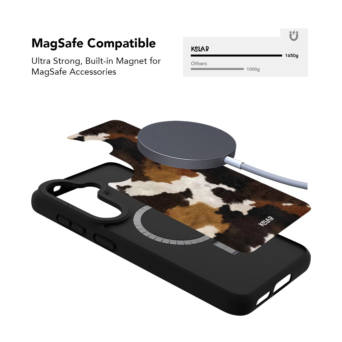 Samsung Galaxy phone case in black with a modern cow print design and MagSafe compatibility