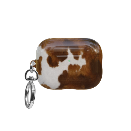 Brown & Cream Cow Print airpods pro case front view with closed lid and keychain