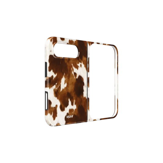 Mahogany Cow Print, Western iPhone 18 Fold Case, unfolded side view showing the hinge