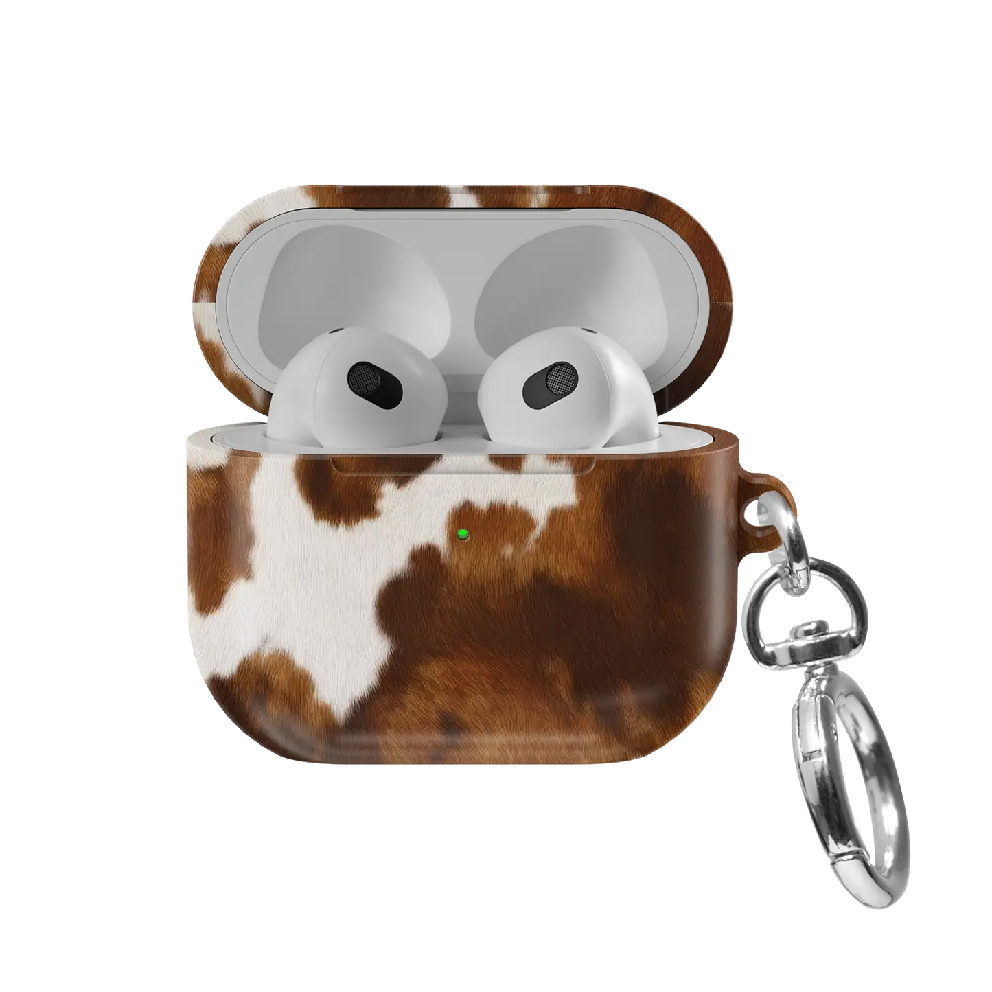 Milk & Mahogany | Brown & Cream Cow Print AirPods Case - front view with open lid