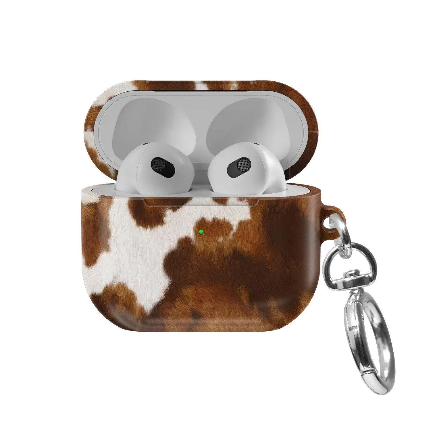 Milk & Mahogany | Brown & Cream Cow Print AirPods Case - front view with open lid