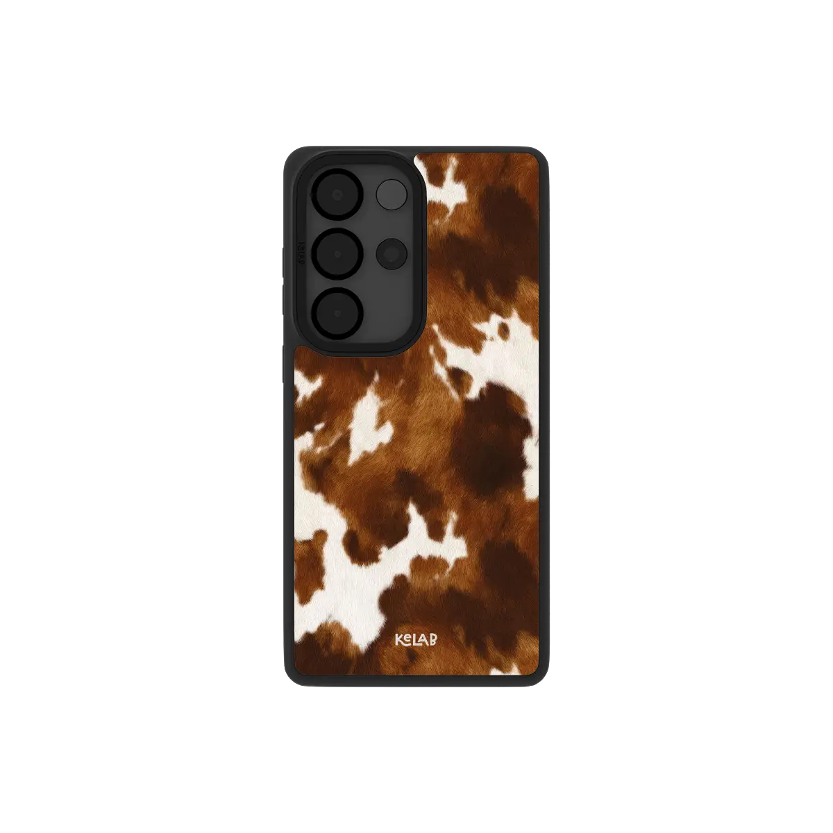 Classic Samsung Galaxy phone case in brown and white cow print pattern with TPU material