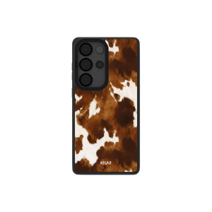 Classic Samsung Galaxy phone case in brown and white cow print pattern with TPU material