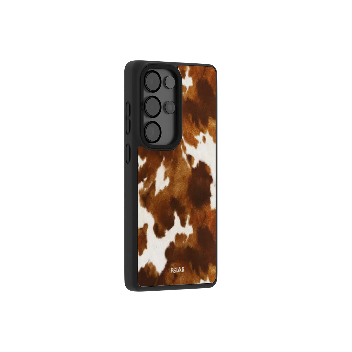Samsung Galaxy phone case in a brown and white cow print design with a classic minimalist style