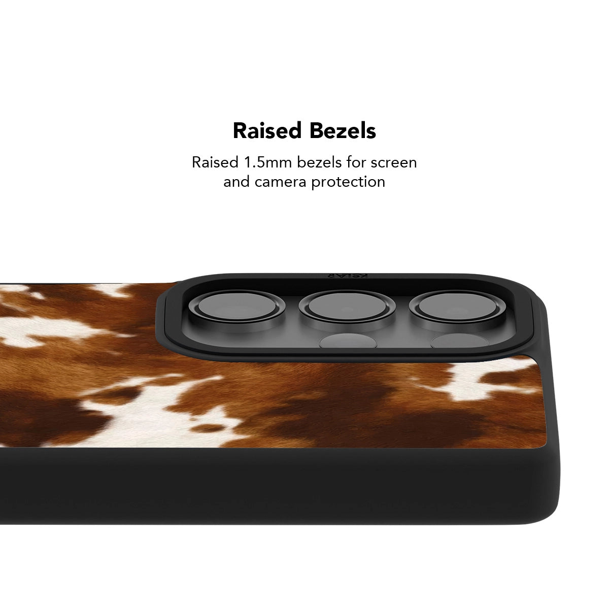 Samsung Galaxy phone case in a brown and white cow print design with raised bezels for screen protection