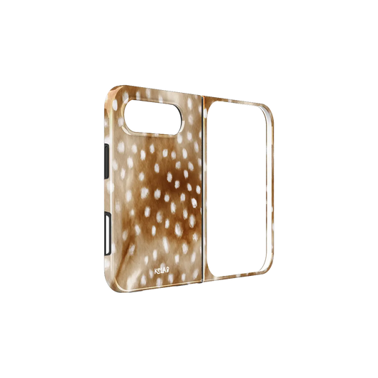 Brown Deer Print, Cottagecore iPhone 18 Fold Case, unfolded side view showing the hinge