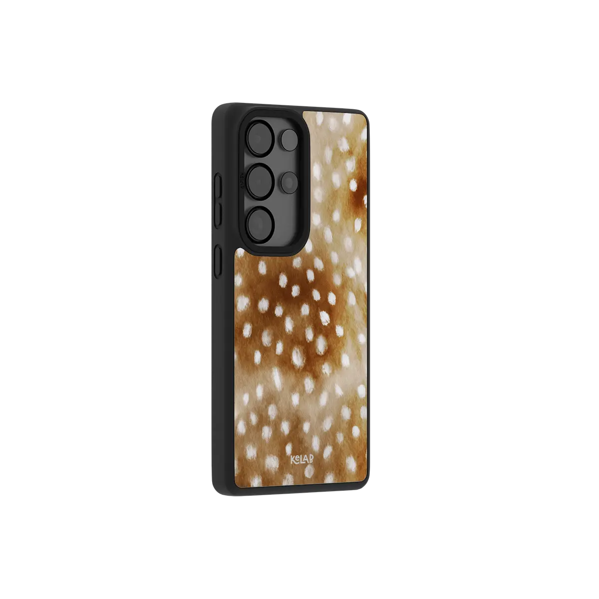 Brown deer print Samsung Galaxy case shown from the side with dappled fawn spots and protective raised edges.