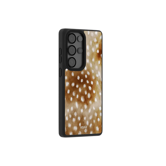 Brown deer print Samsung Galaxy case shown from the side with dappled fawn spots and protective raised edges.