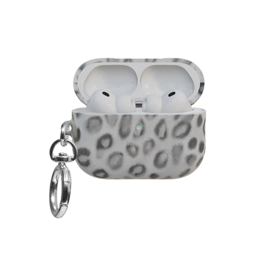 Black & White Cheetah airpods pro case front view with open lid and keychain