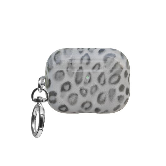 Black & White Cheetah airpods pro case front view with closed lid and keychain