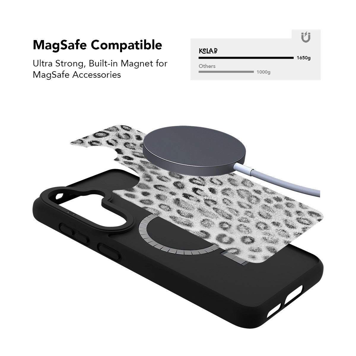 Samsung Galaxy phone case in black with a minimalist leopard print design and MagSafe compatibility