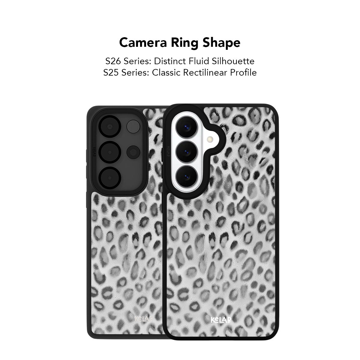 Samsung Galaxy phone case in classic black and white leopard print design with camera ring shape