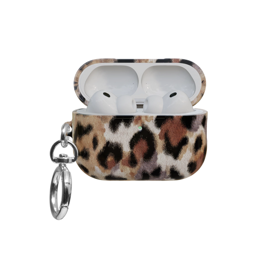 Tan Cheetah airpods pro case front view with open lid and keychain