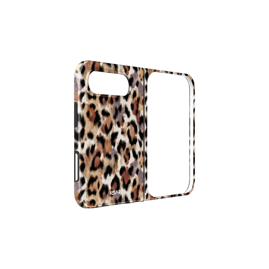 Tan Cheetah Print, Coquette Leopard iPhone 18 Fold Case, unfolded side view showing the hinge