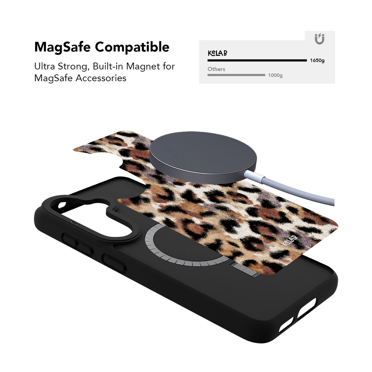 Samsung Galaxy phone case in black with leopard print design and MagSafe compatibility
