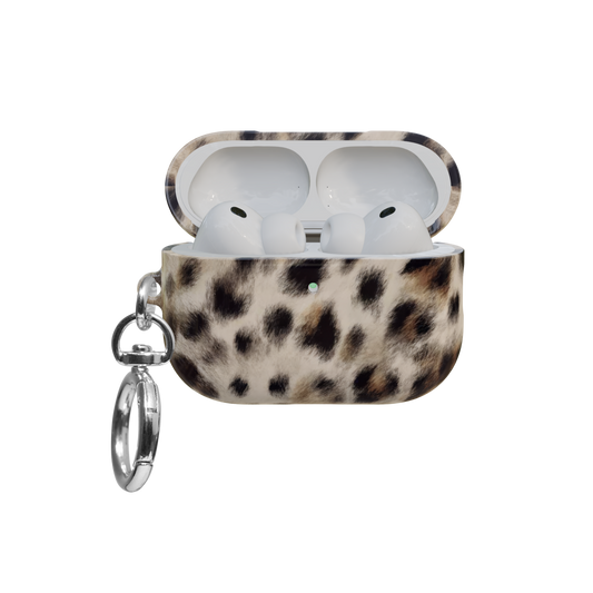 Beige Cheetah airpods pro case front view with open lid and keychain