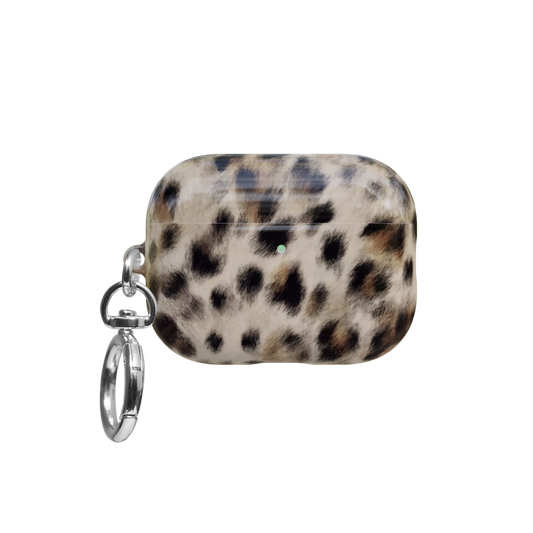 Beige Cheetah airpods pro case front view with closed lid and keychain