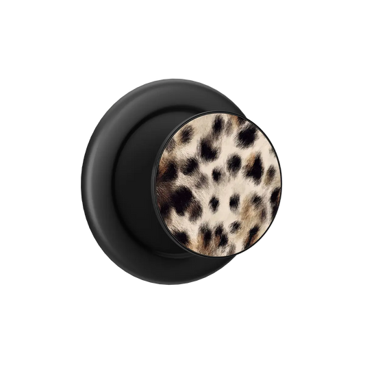 Black PopSocket with a leopard print design, serving as a phone grip and MagSafe accessory.