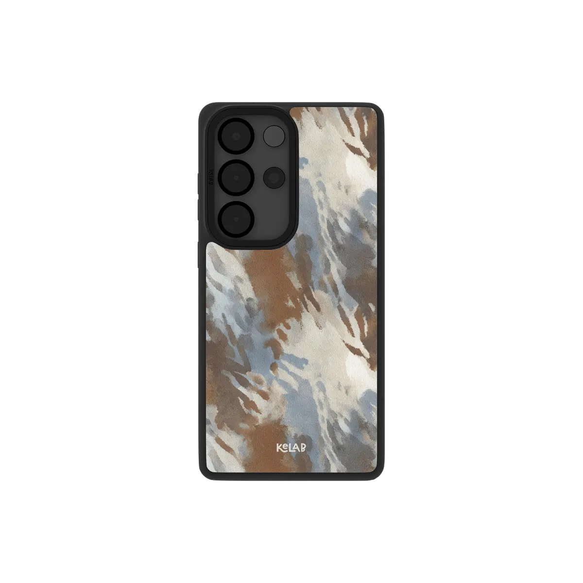 Watercolor abstract Samsung Galaxy case, back view with slate blue and terracotta washes around the camera cutout