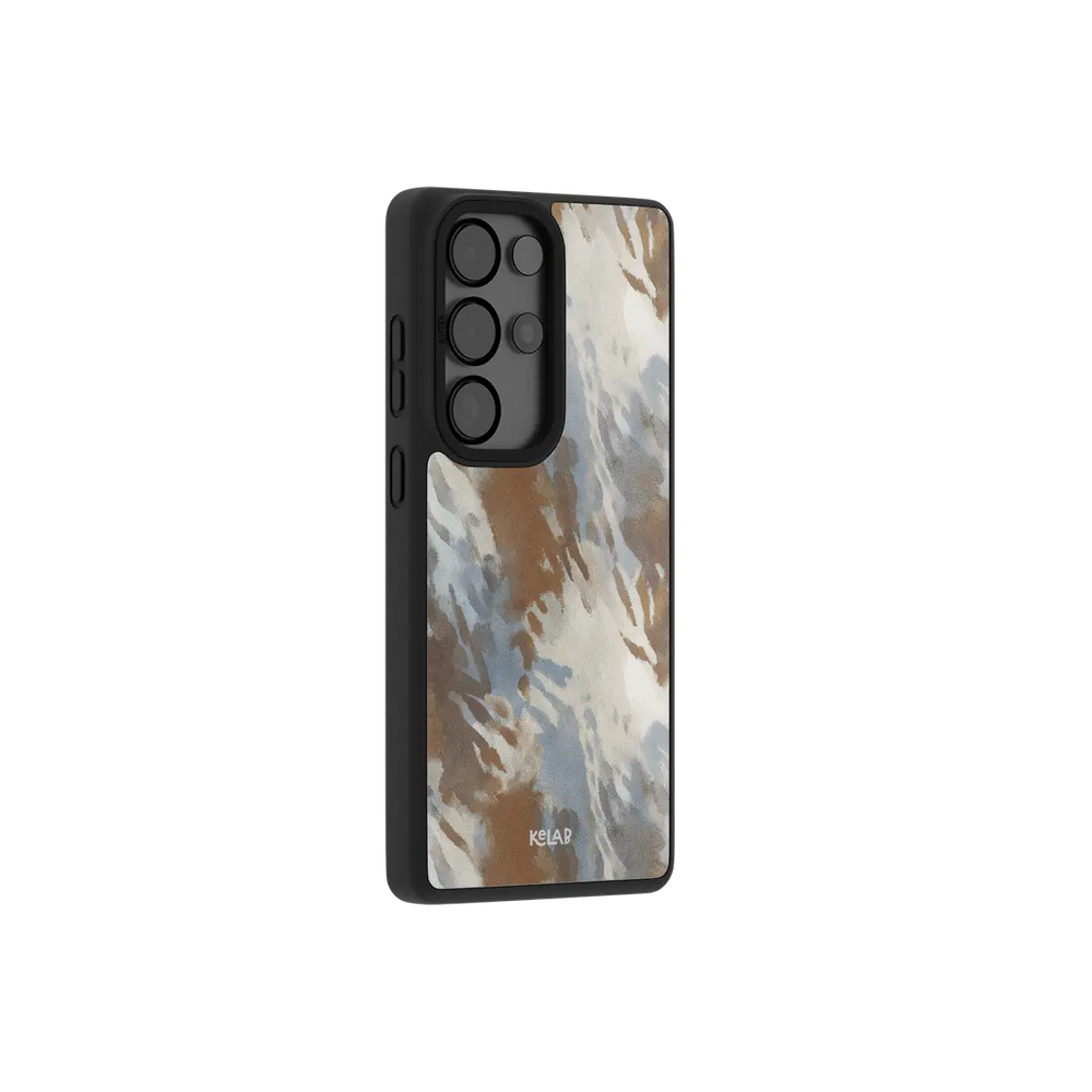 Watercolor abstract Samsung Galaxy case at a side angle showing the wrapped button covers