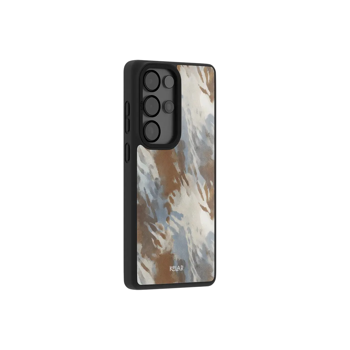 Watercolor abstract Samsung Galaxy case at a side angle showing the wrapped button covers