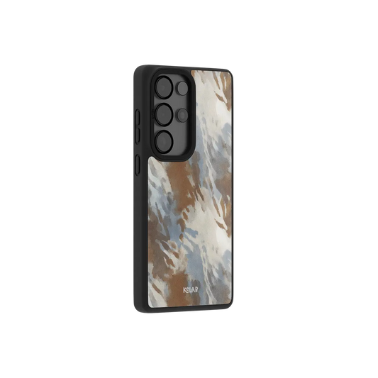 Watercolor abstract Samsung Galaxy case at a side angle showing the wrapped button covers